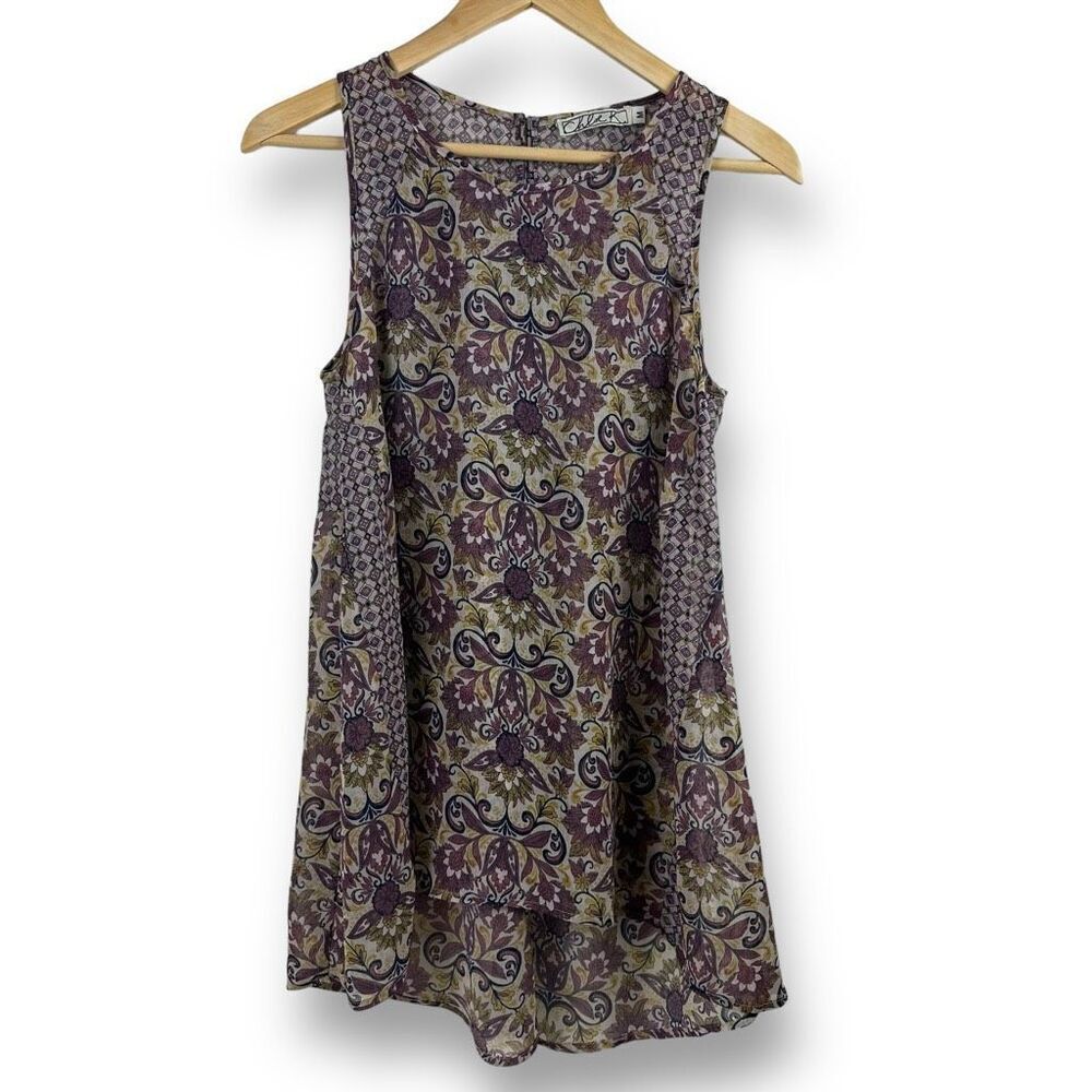 Chloe K Women's Size M Bohemian Paisley Sleeveless Tunic Top‎ Purple Florals